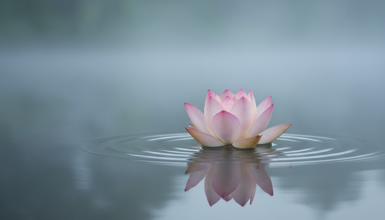 A single delicate lotus flower, its petals partially unfurled and layered in gentle gradients of muted rose and soft ivory, floats serenely on a still, mirrored pond. The flowerâ€™s smooth, slightly dewy texture contrasts with the subtle ripples on the waterâ€™s surface. Surrounding the lotus are elegant ripples fading into the distance, enveloped in soft, morning mist. Lighting is tranquil and diffuse, with gentle highlights illuminating the lotus and subtle shadows dancing beneath. The overall mood is calm, ethereal, and contemplative. Captured from a slightly elevated angle with minimalist negative space, the image features refined detail and a harmonious, elegant composition that embodies spiritual awakening and pure presence.